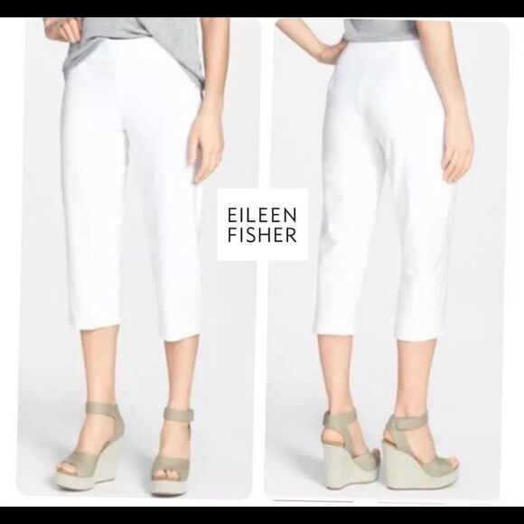𝅺EILEEN Fisher Ivory cream Organic Cotton Stretch Slim Capri Pants Sz M - Picture 14 of 14